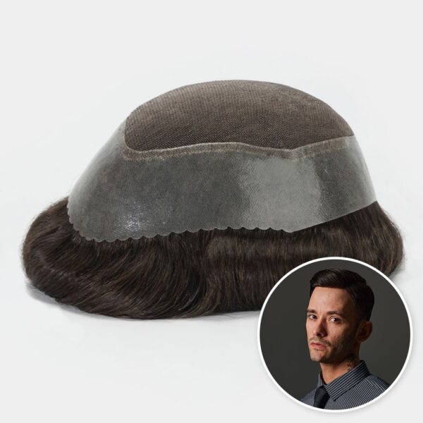 A man with a wig on top of his head.