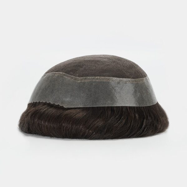A brown hat with a gray band around it.