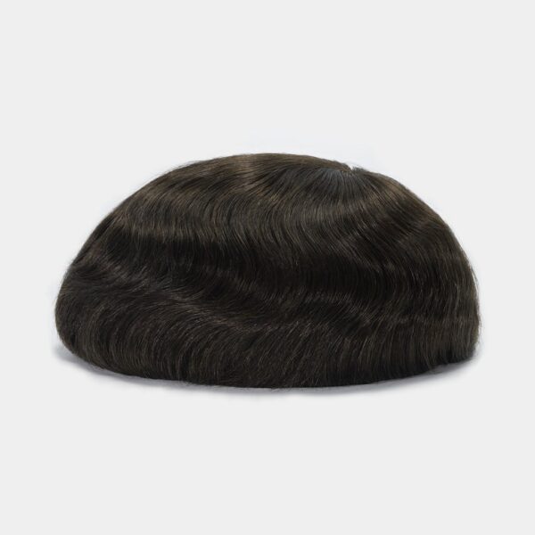 A black wig is shown on top of the head.