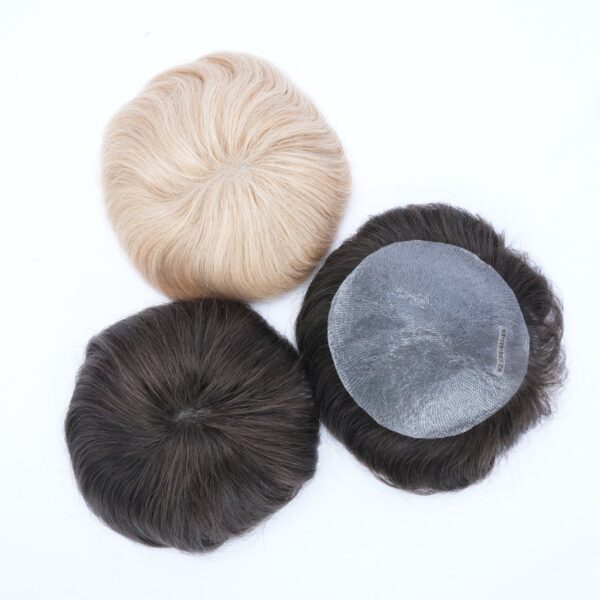 A group of three different colored hair pieces.