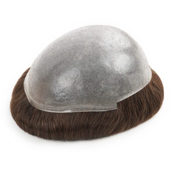 A brown wig with a metal cap on top of it.