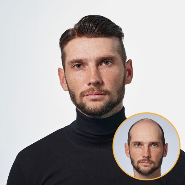 A man with a black sweater and a bald head